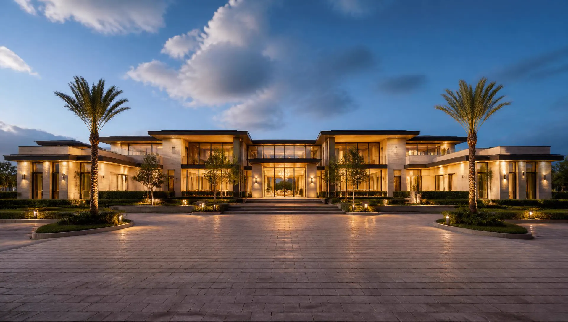 Contemporary luxury estate at dusk